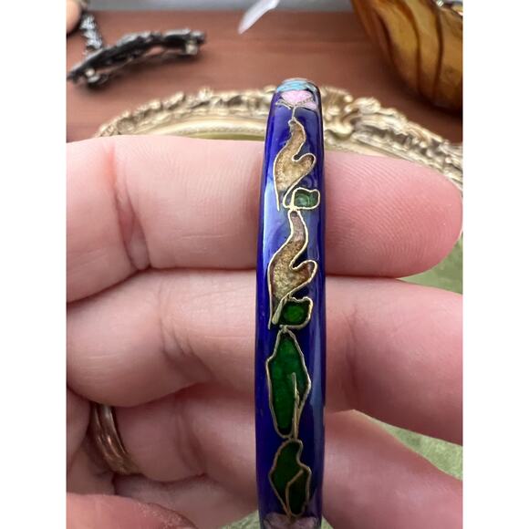 Vintage Cloisonne Enamel Bangle Bracelet Blue Cobalt Floral Flowers - Picture 5 of 8